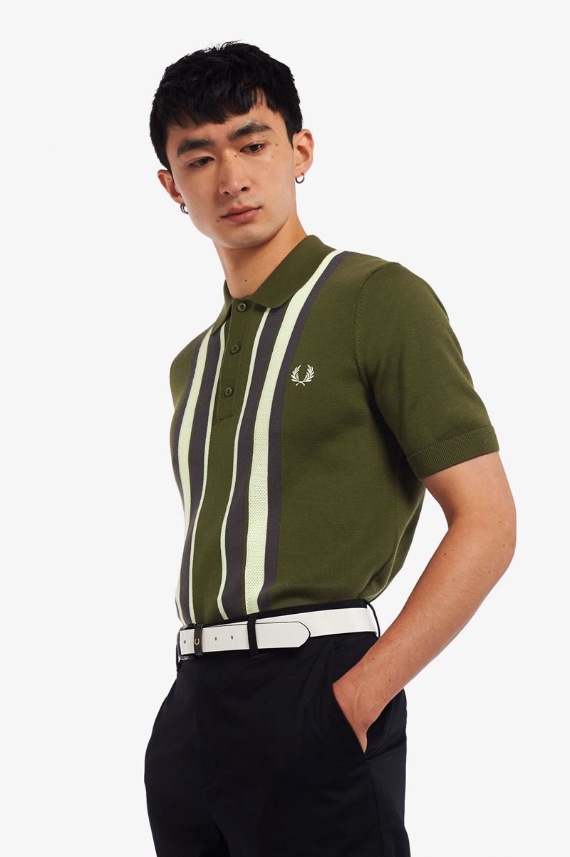 Men\'s Fred Perry Striped Knitted Shirts Green | 9406321-LR