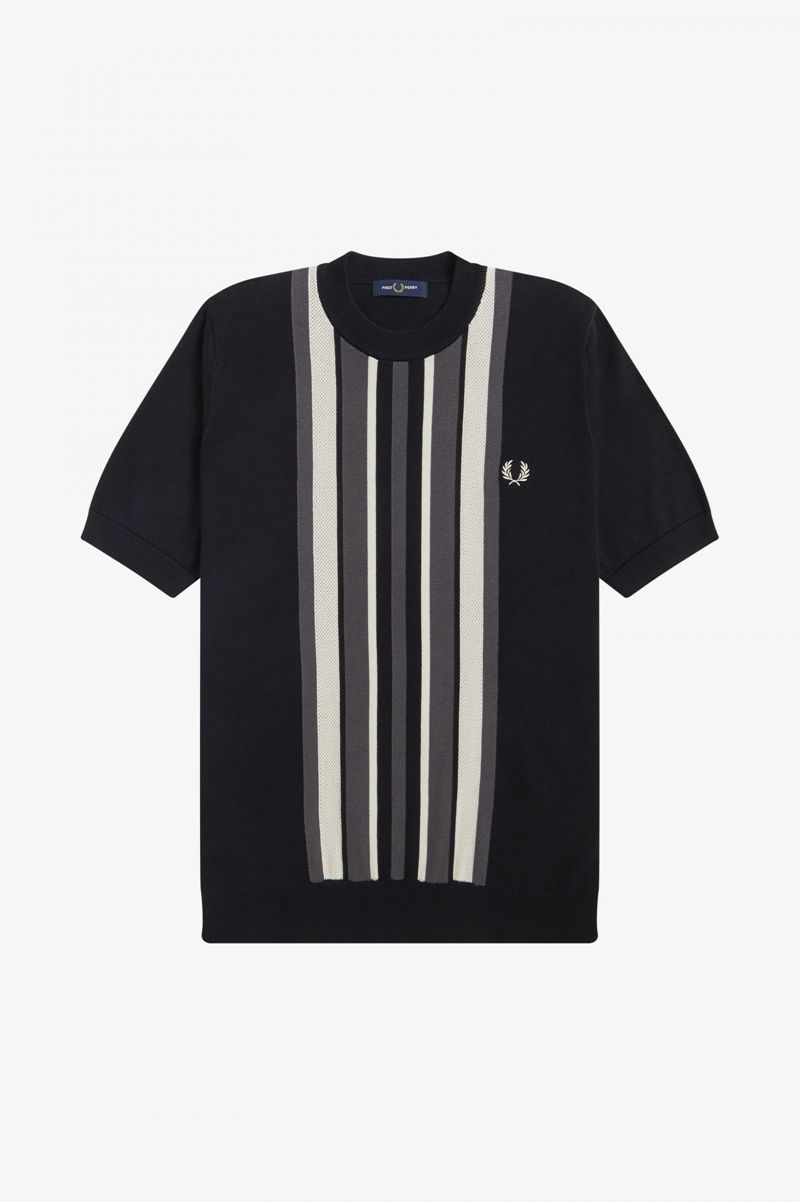 Men's Fred Perry Striped Knitted T-Shirts Black | 4358127-RT