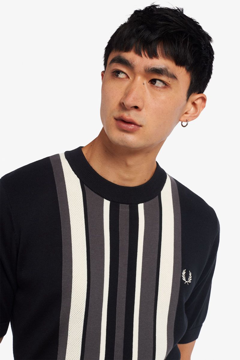 Men's Fred Perry Striped Knitted T-Shirts Black | 4358127-RT