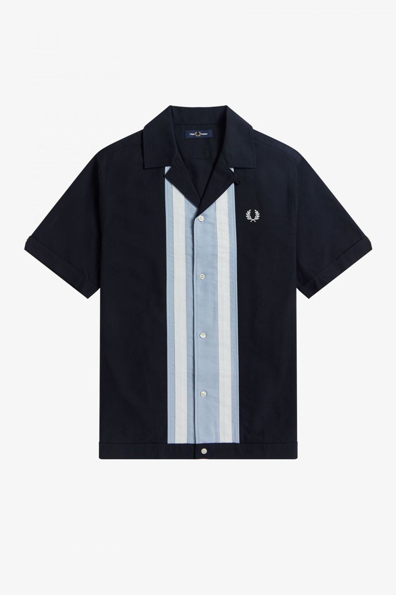 Men's Fred Perry Striped Panel Bowling Shirts Navy | 5436891-ZK