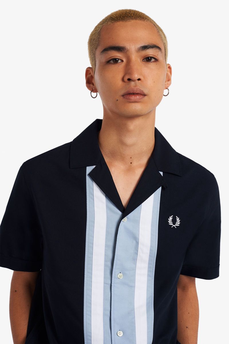 Men's Fred Perry Striped Panel Bowling Shirts Navy | 5436891-ZK