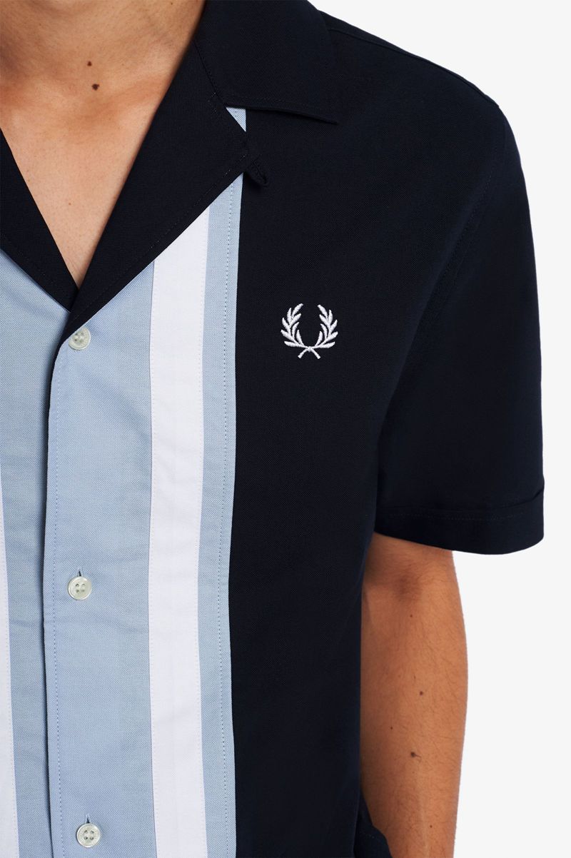 Men's Fred Perry Striped Panel Bowling Shirts Navy | 5436891-ZK