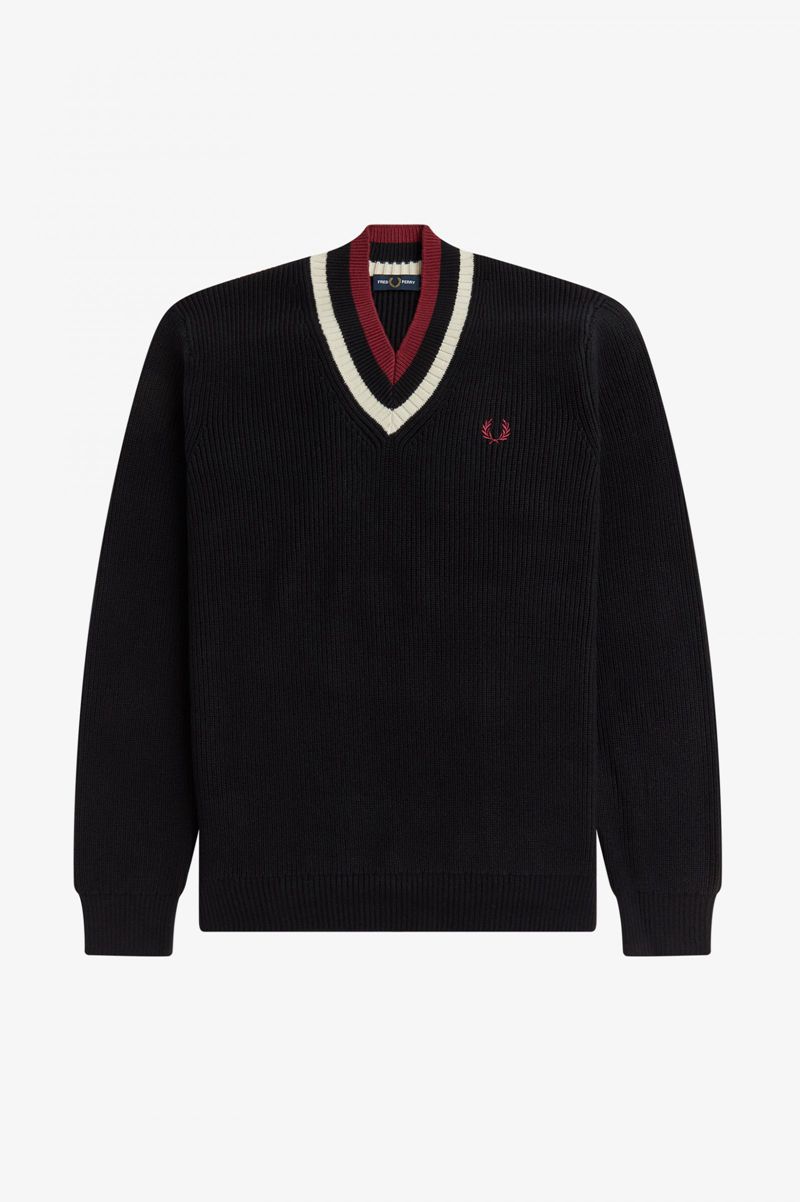 Men's Fred Perry Striped V-Neck Jumper Knitwear Black | 4971086-ML