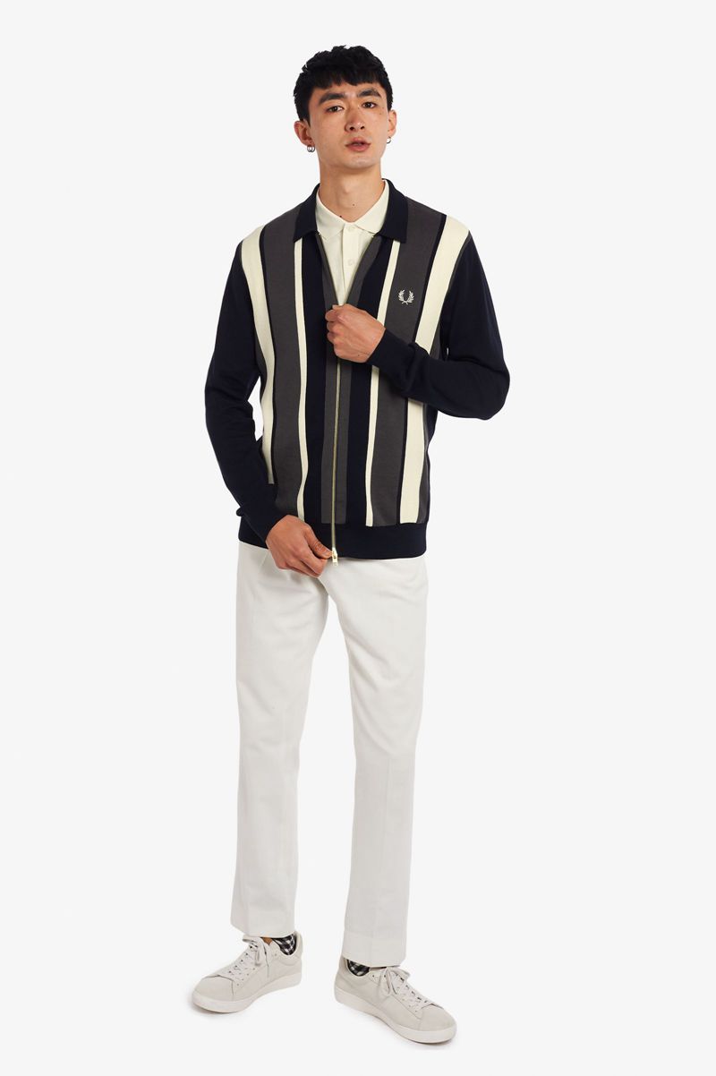 Men's Fred Perry Striped Zip-Through Cardigan Knitwear Navy | 3654701-DE