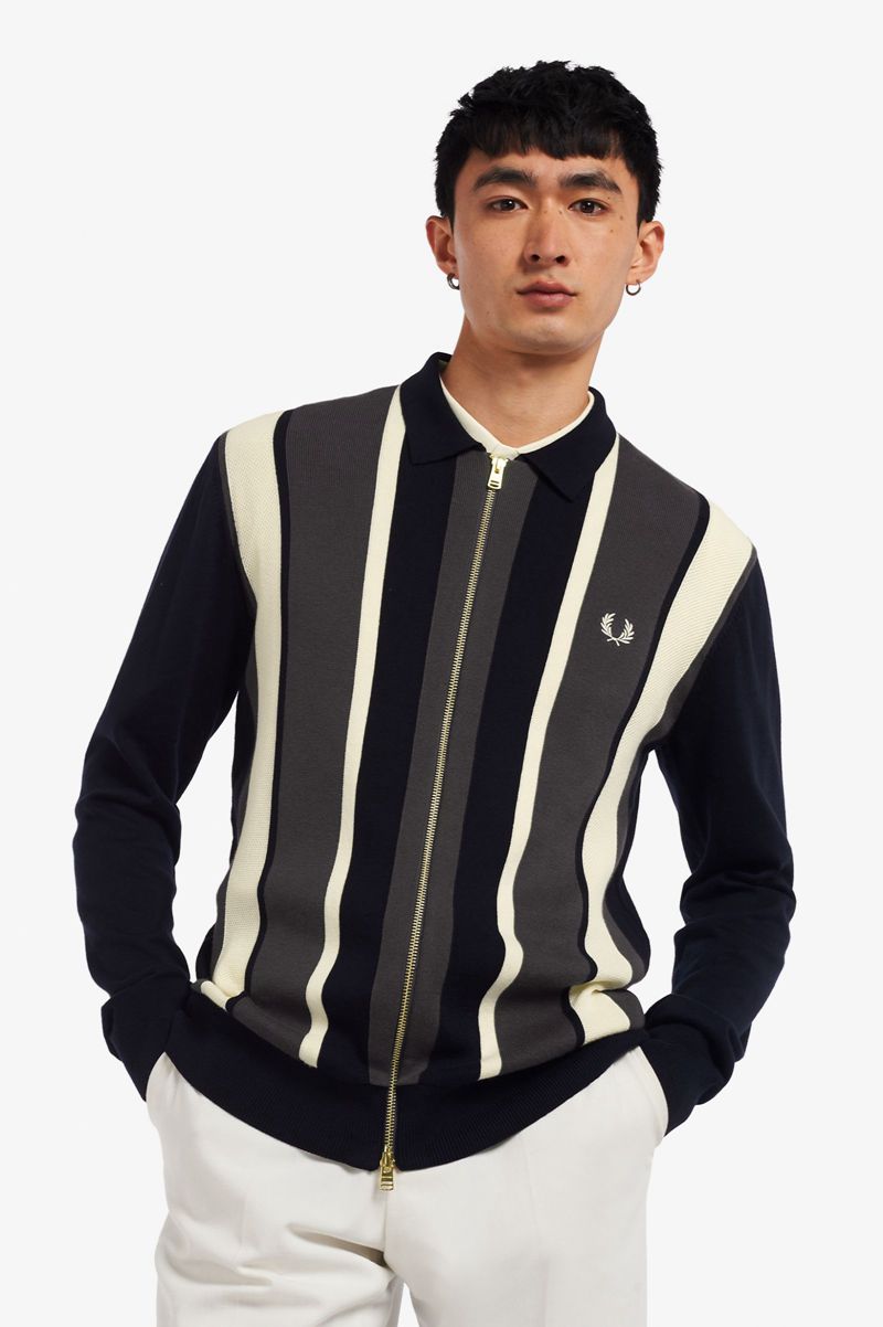 Men\'s Fred Perry Striped Zip-Through Cardigan Knitwear Navy | 3654701-DE