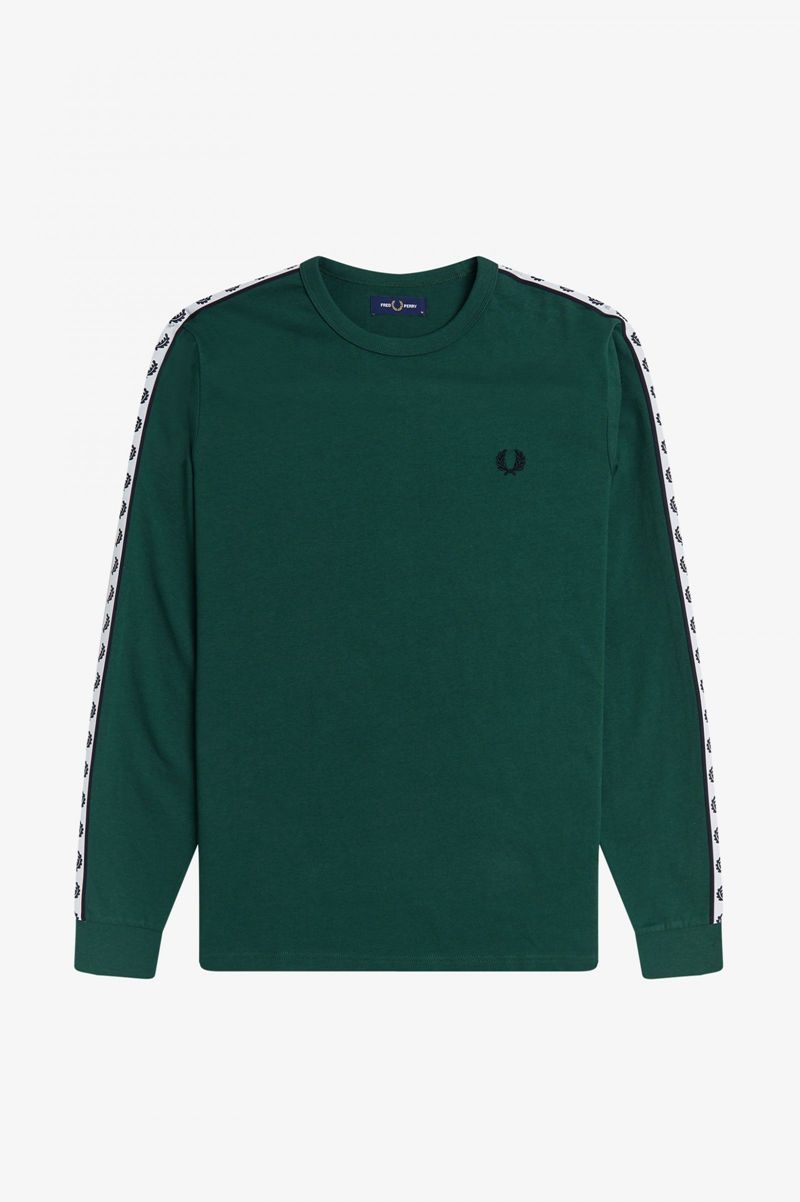 Men's Fred Perry Taped Long Sleeve T-Shirts Dark Green | 4317069-IE