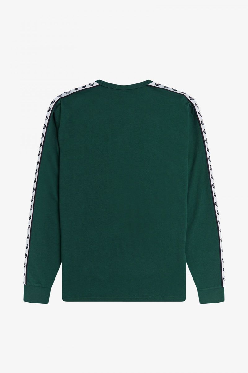 Men's Fred Perry Taped Long Sleeve T-Shirts Dark Green | 4317069-IE