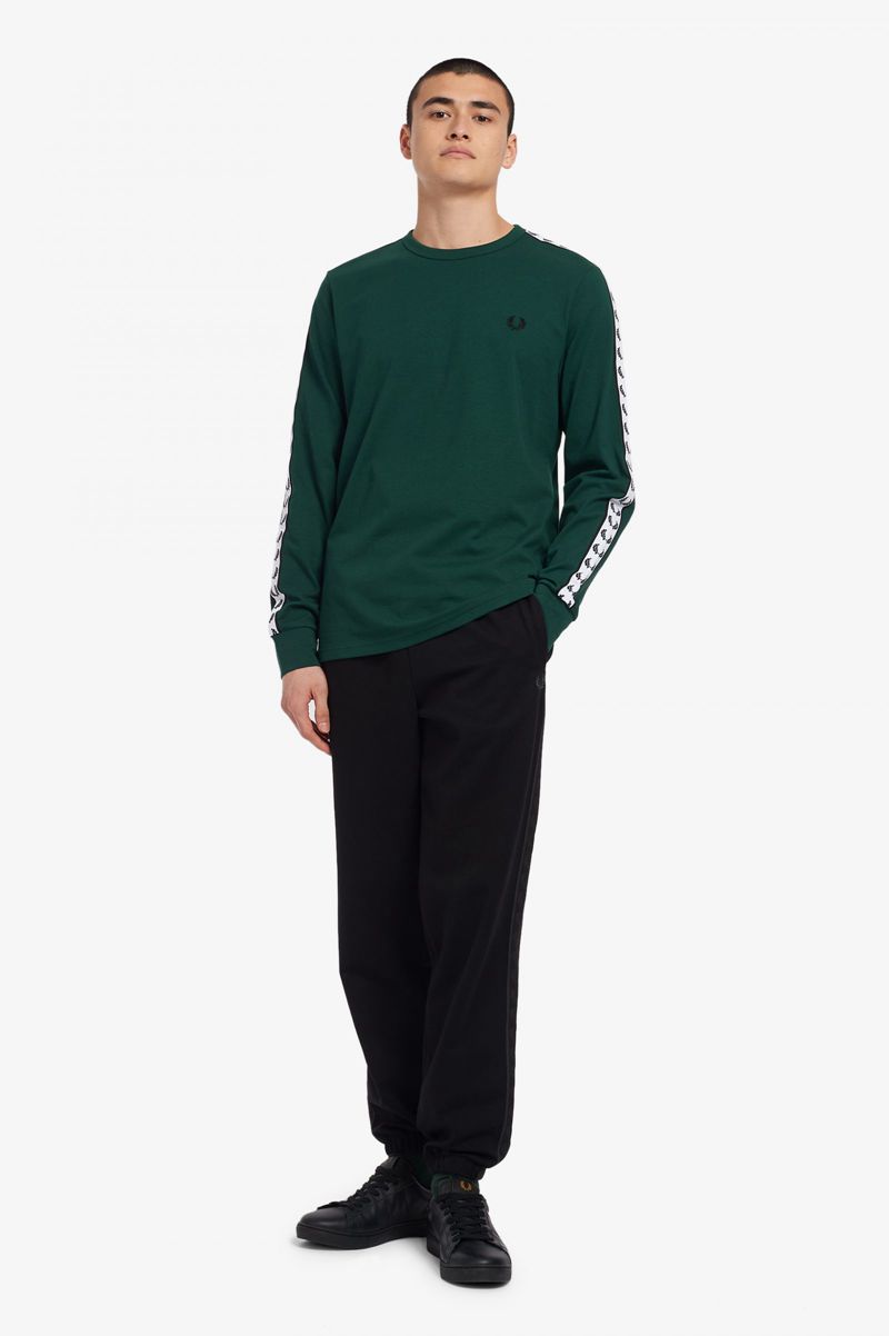 Men's Fred Perry Taped Long Sleeve T-Shirts Dark Green | 4317069-IE