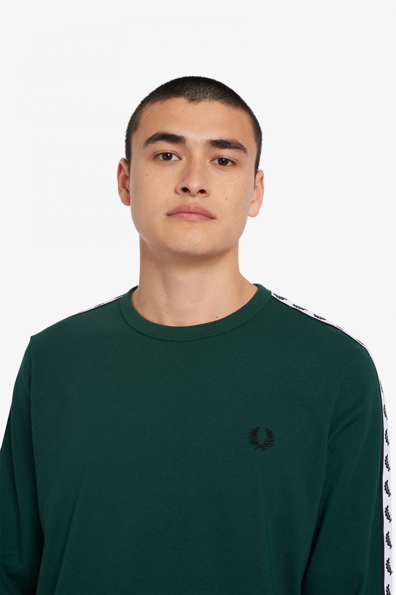 Men's Fred Perry Taped Long Sleeve T-Shirts Dark Green | 4317069-IE