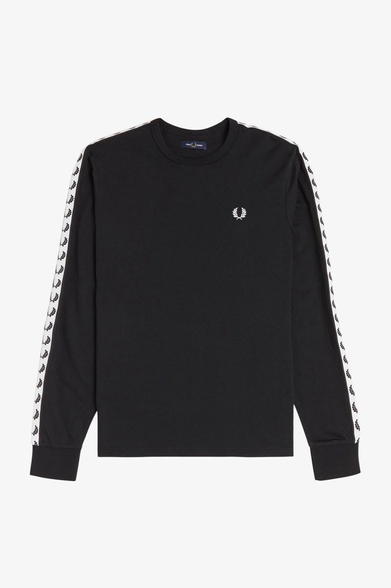 Men's Fred Perry Taped Long Sleeve T-Shirts Black | 7340261-KM