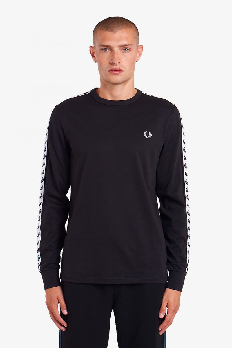 Men's Fred Perry Taped Long Sleeve T-Shirts Black | 7340261-KM