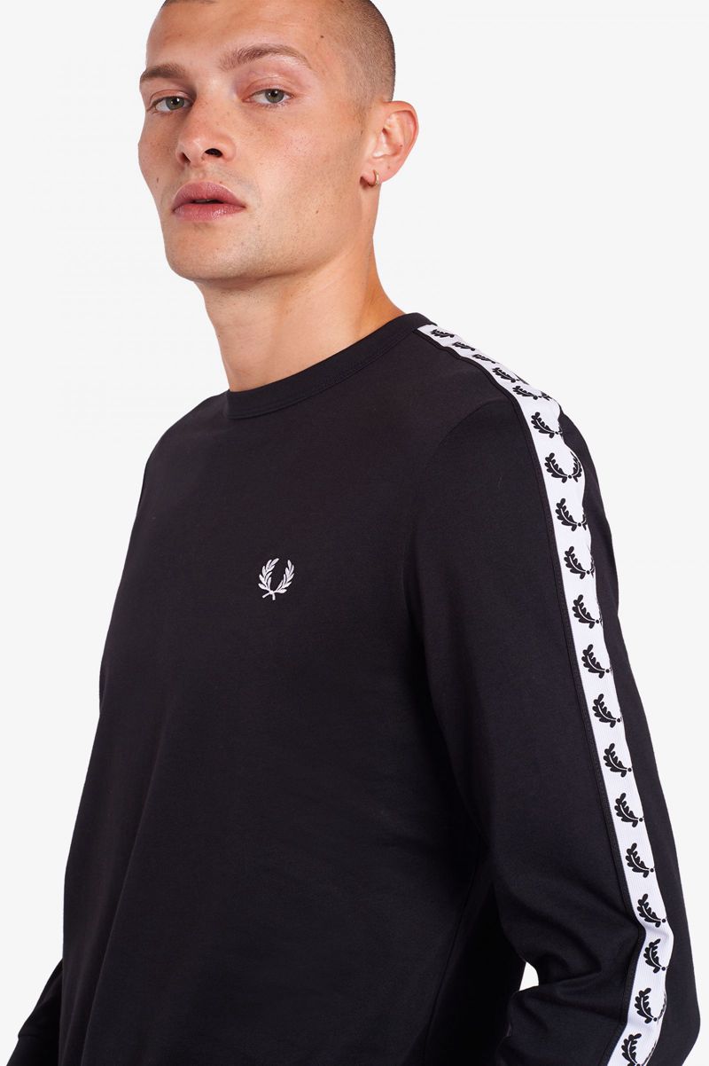 Men's Fred Perry Taped Long Sleeve T-Shirts Black | 7340261-KM