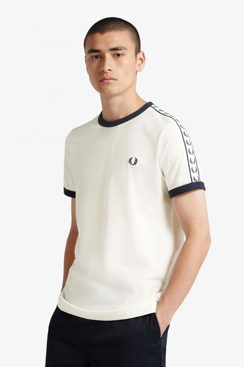 Men's Fred Perry Taped Ringer T-Shirts White | 1839260-KJ