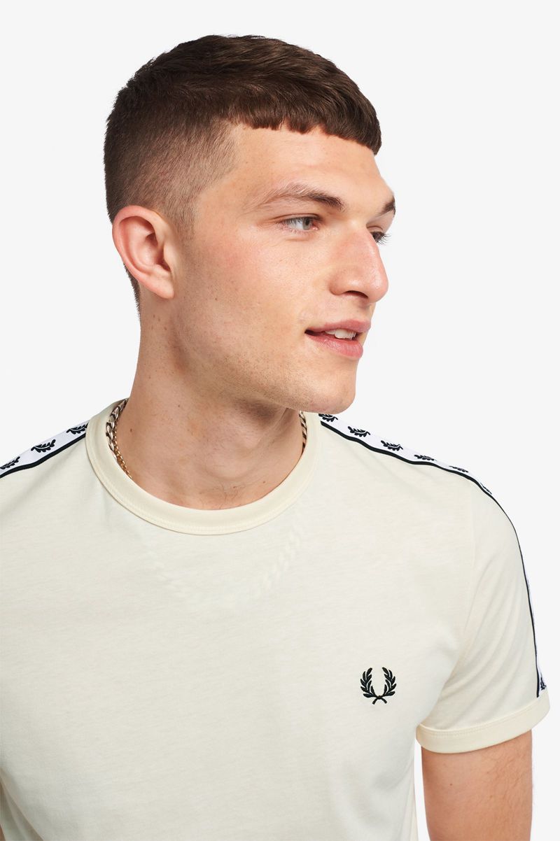 Men's Fred Perry Taped Ringer T-Shirts White | 7028154-GQ