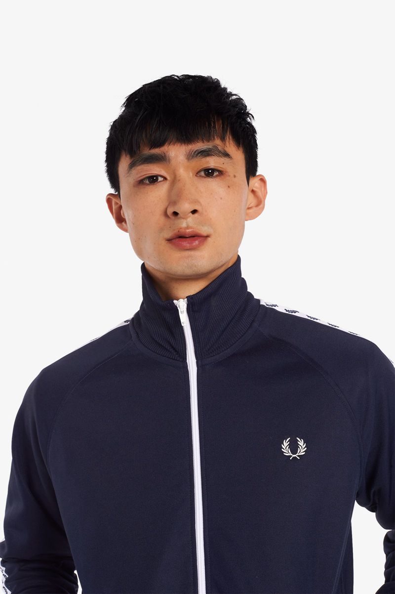 Men\'s Fred Perry Taped Track Jackets Dark Grey Blue | 1793452-JG