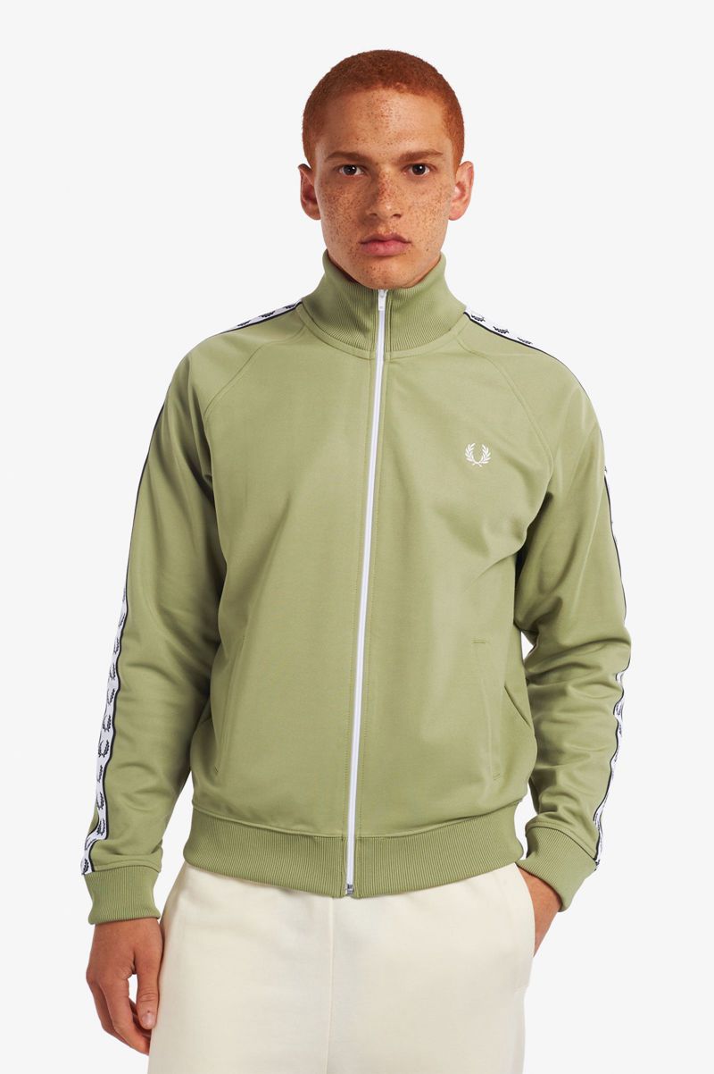 Men\'s Fred Perry Taped Track Jackets Olive Green | 8639521-DV