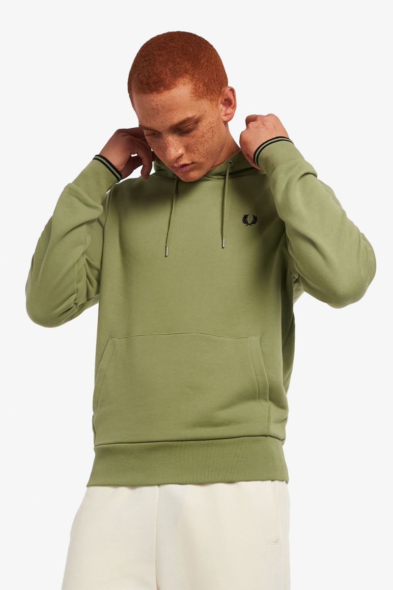 Men\'s Fred Perry Tipped Hooded Sweatshirts Olive Green | 2753961-EC