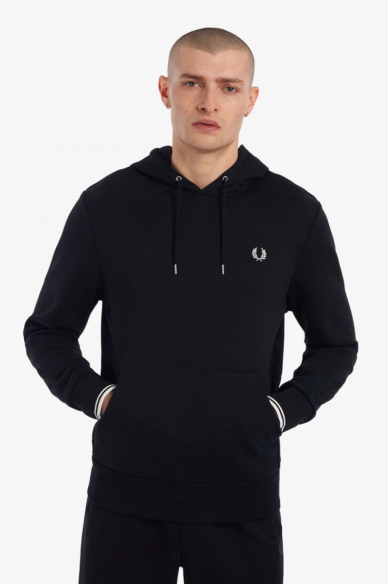 Men\'s Fred Perry Tipped Hooded Sweatshirts Black | 4368972-WJ