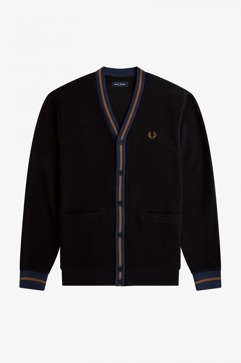 Men's Fred Perry Tipped Piqué Textured Cardigan Knitwear Black | 0153894-PF