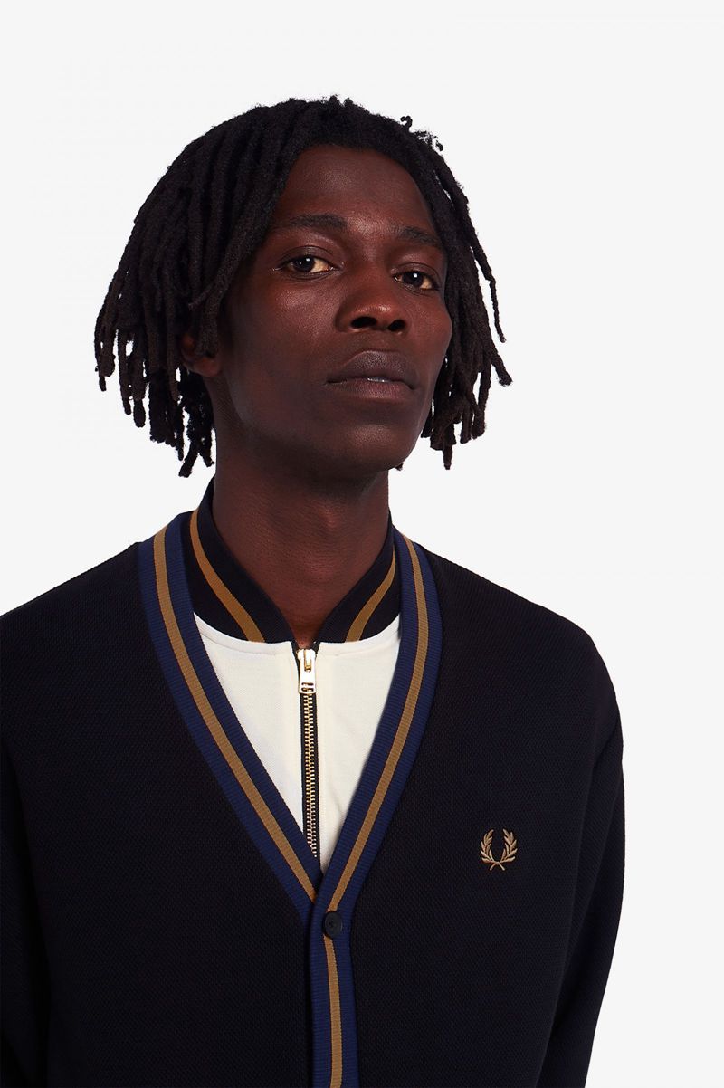 Men's Fred Perry Tipped Piqué Textured Cardigan Sweatshirts Black | 0279536-LM