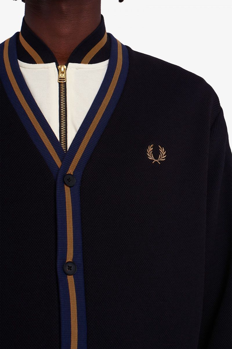 Men's Fred Perry Tipped Piqué Textured Cardigan Sweatshirts Black | 0279536-LM