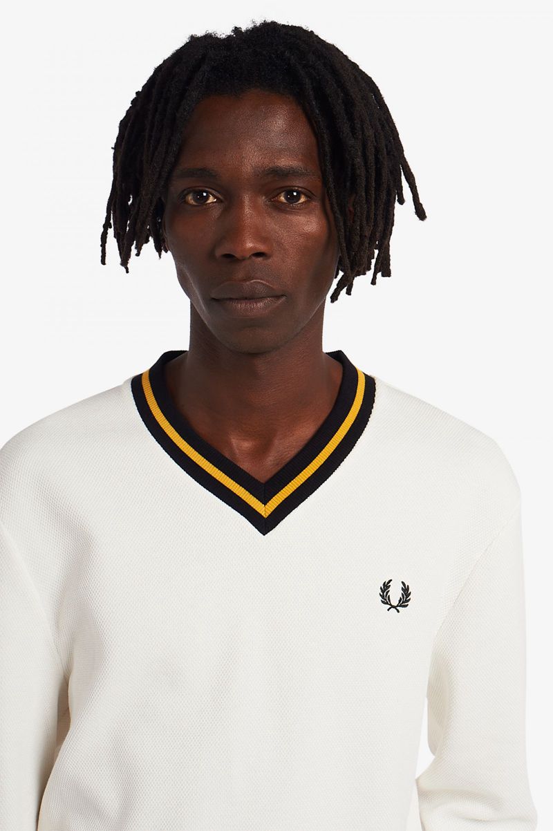 Men's Fred Perry Tipped Piqué Textured Jumper Knitwear White | 6213095-TL