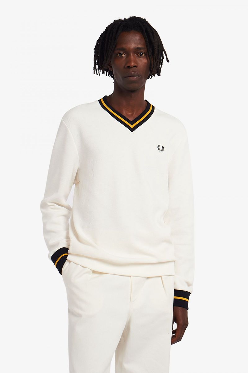 Men\'s Fred Perry Tipped Piqué Textured Jumper Sweatshirts White | 9748532-KL