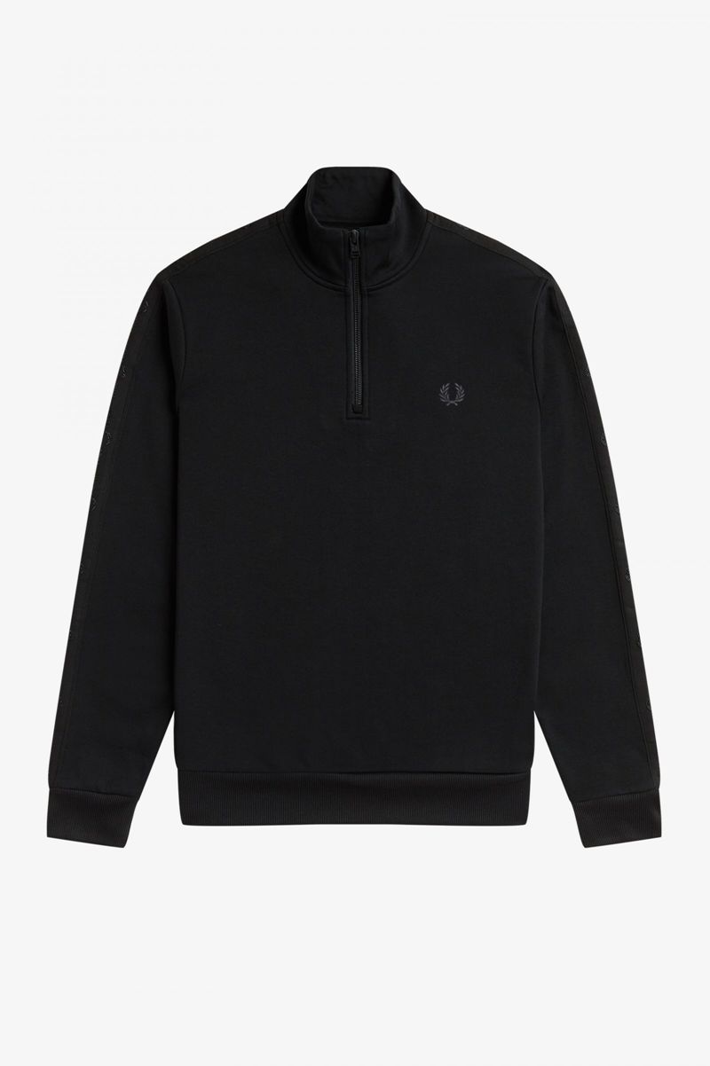 Men's Fred Perry Tonal Tape Half Zip Sweatshirts Black | 8497265-PC