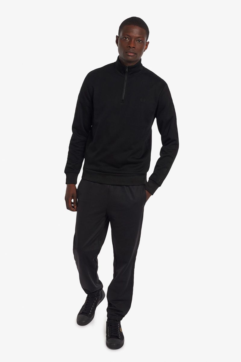 Men's Fred Perry Tonal Tape Half Zip Sweatshirts Black | 8497265-PC