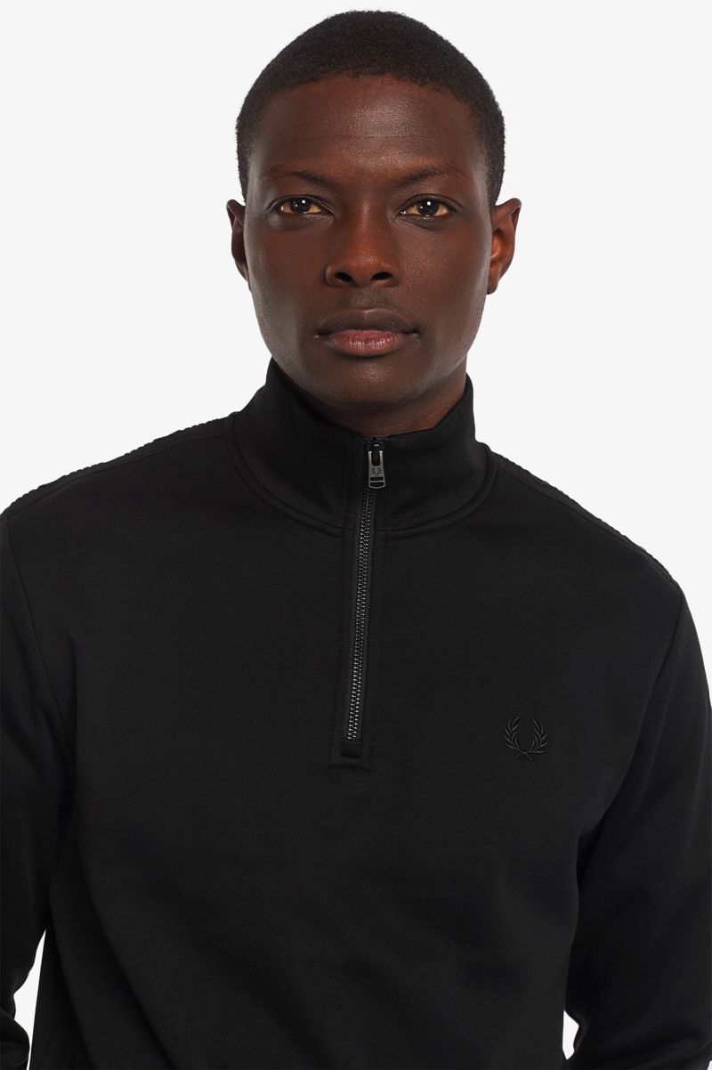 Men's Fred Perry Tonal Tape Half Zip Sweatshirts Black | 8497265-PC