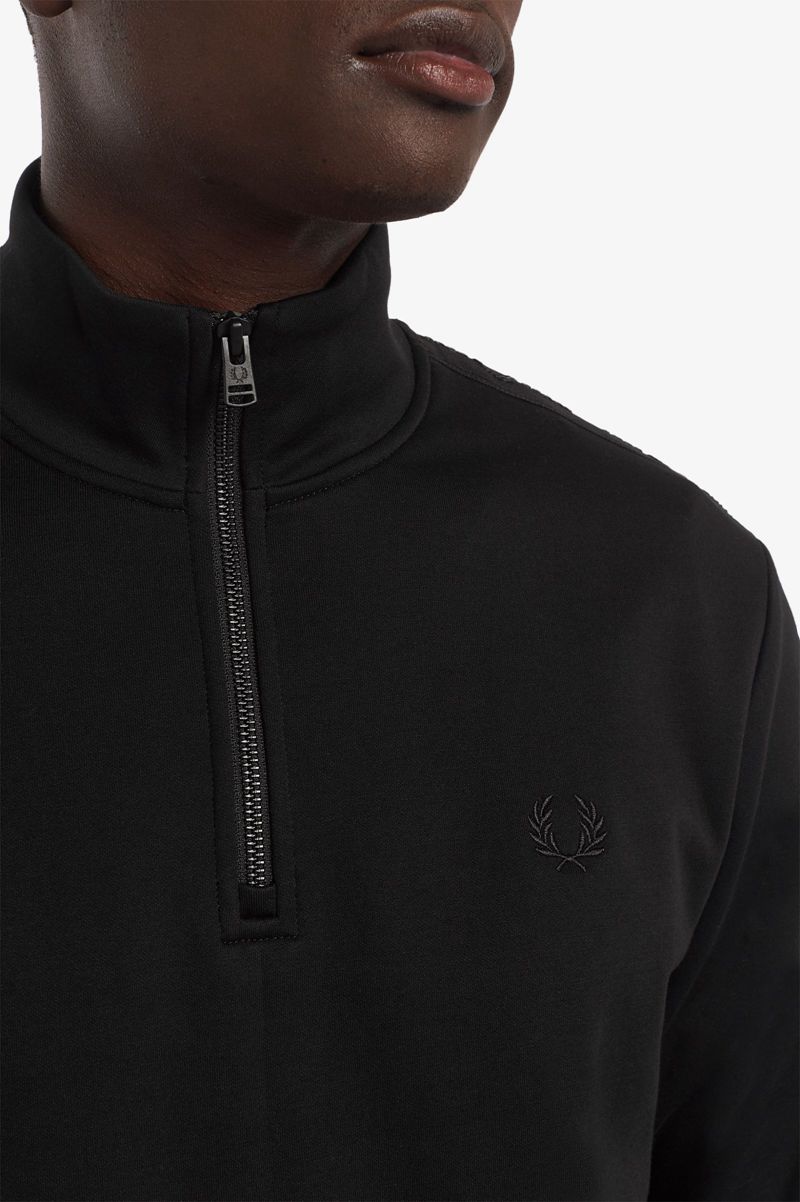 Men's Fred Perry Tonal Tape Half Zip Sweatshirts Black | 8497265-PC