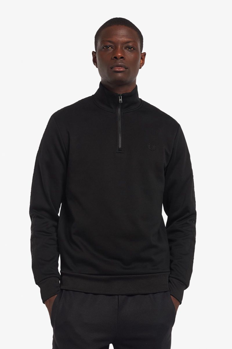 Men\'s Fred Perry Tonal Tape Half Zip Sweatshirts Black | 8497265-PC