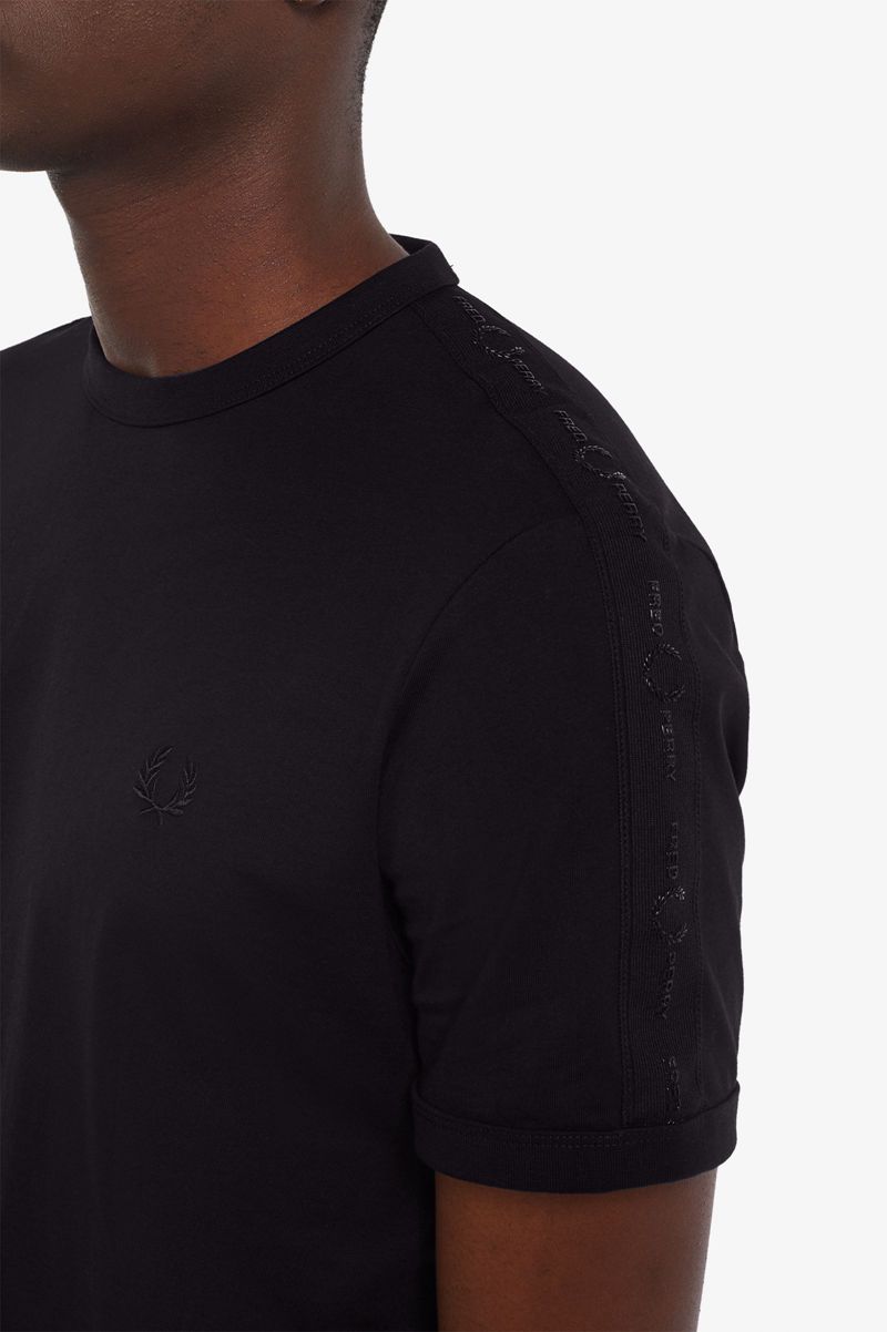 Men's Fred Perry Tonal Tape Ringer T-Shirts Black | 5063279-HZ