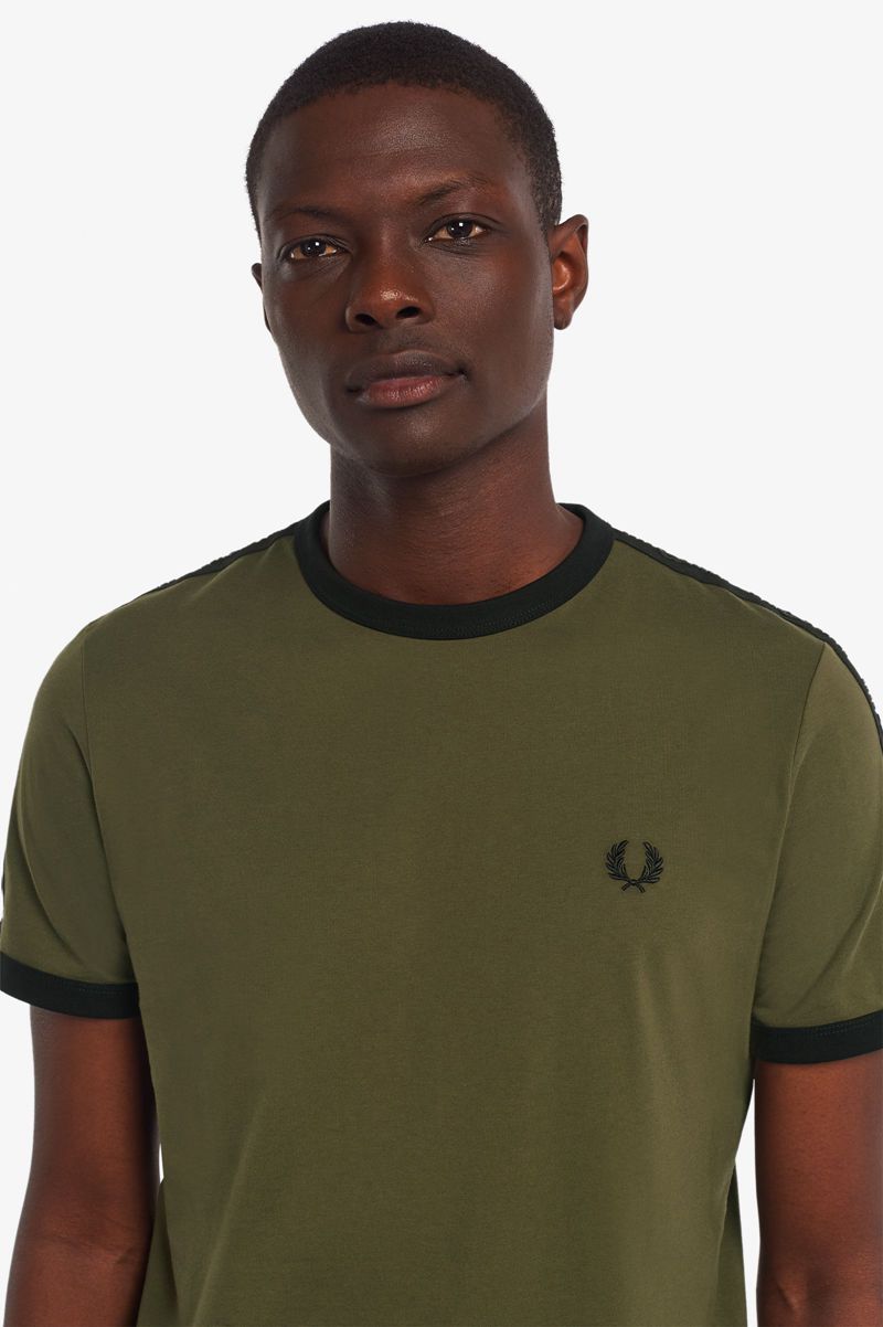 Men's Fred Perry Tonal Tape Ringer T-Shirts Green | 9837541-PO