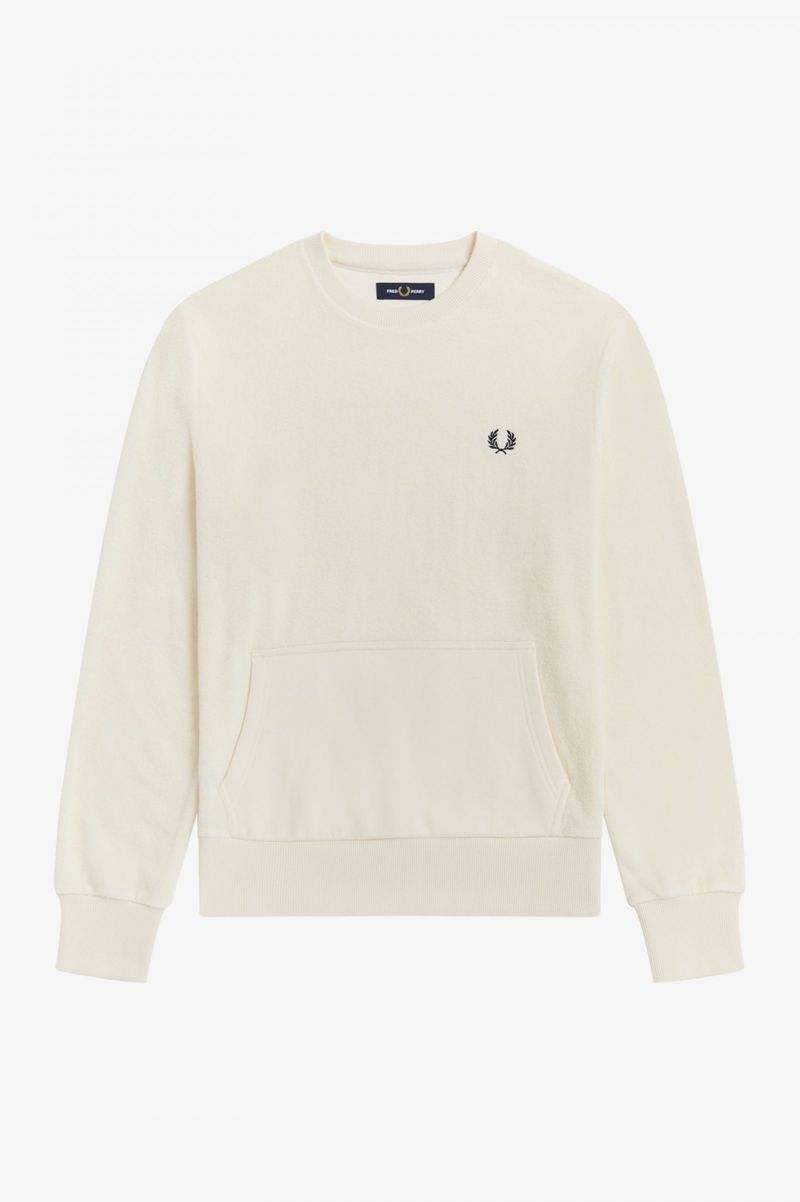 Men's Fred Perry Towelling Crew Neck Sweatshirts White | 3075162-MX