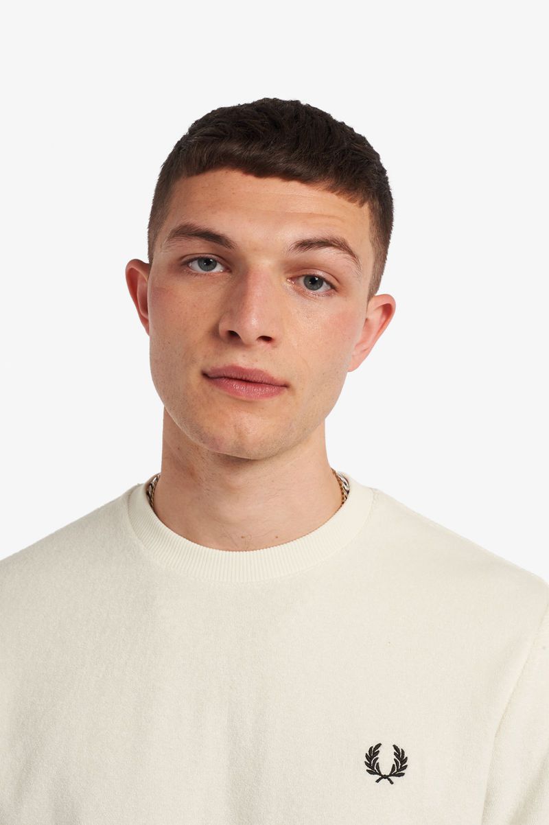 Men's Fred Perry Towelling Crew Neck Sweatshirts White | 3075162-MX