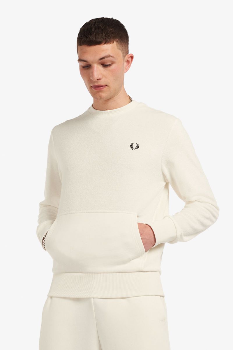 Men\'s Fred Perry Towelling Crew Neck Sweatshirts White | 3075162-MX