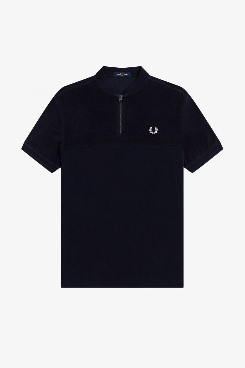 Men\'s Fred Perry Towelling Panel Polo Shirts Navy | 8643192-SK