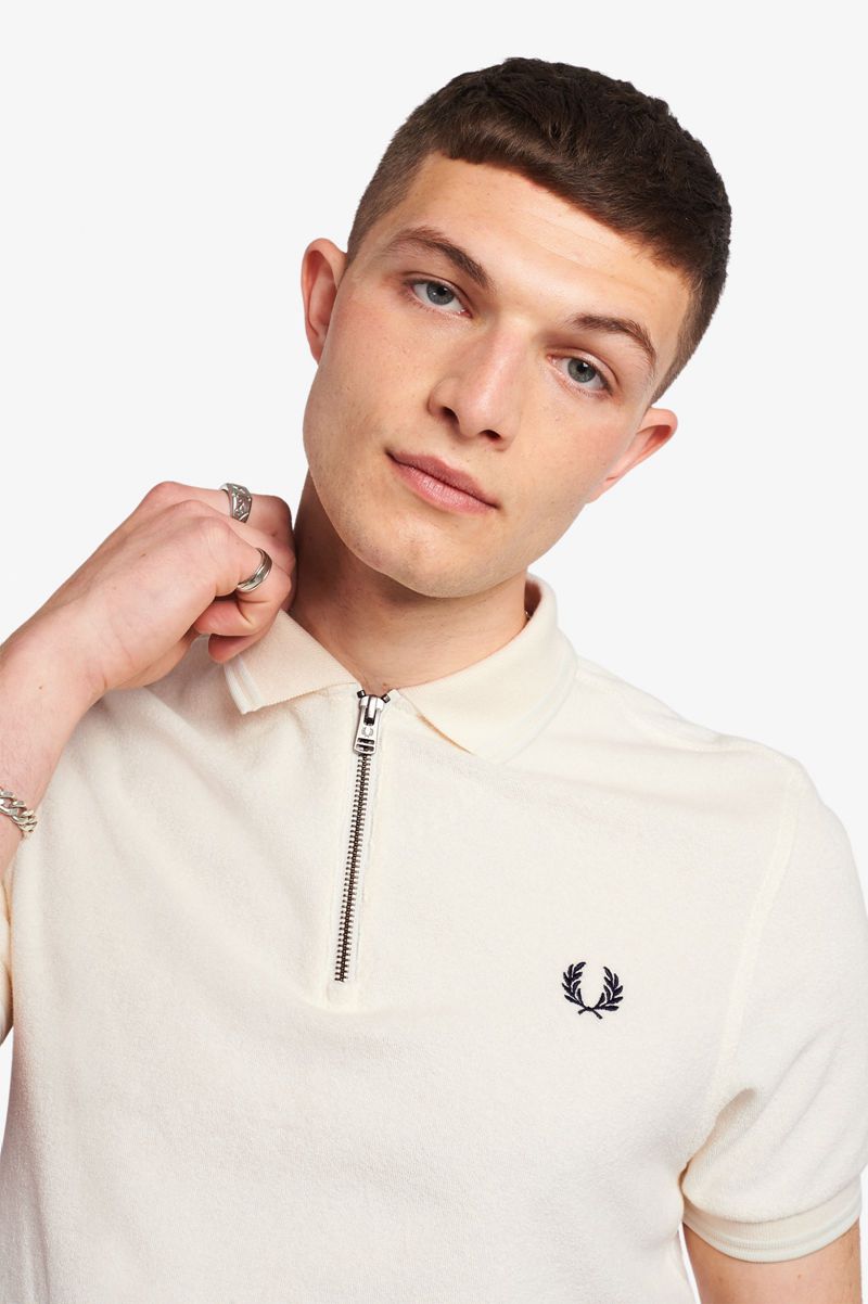 Men's Fred Perry Towelling Zip Neck Polo Shirts White | 7542108-UC