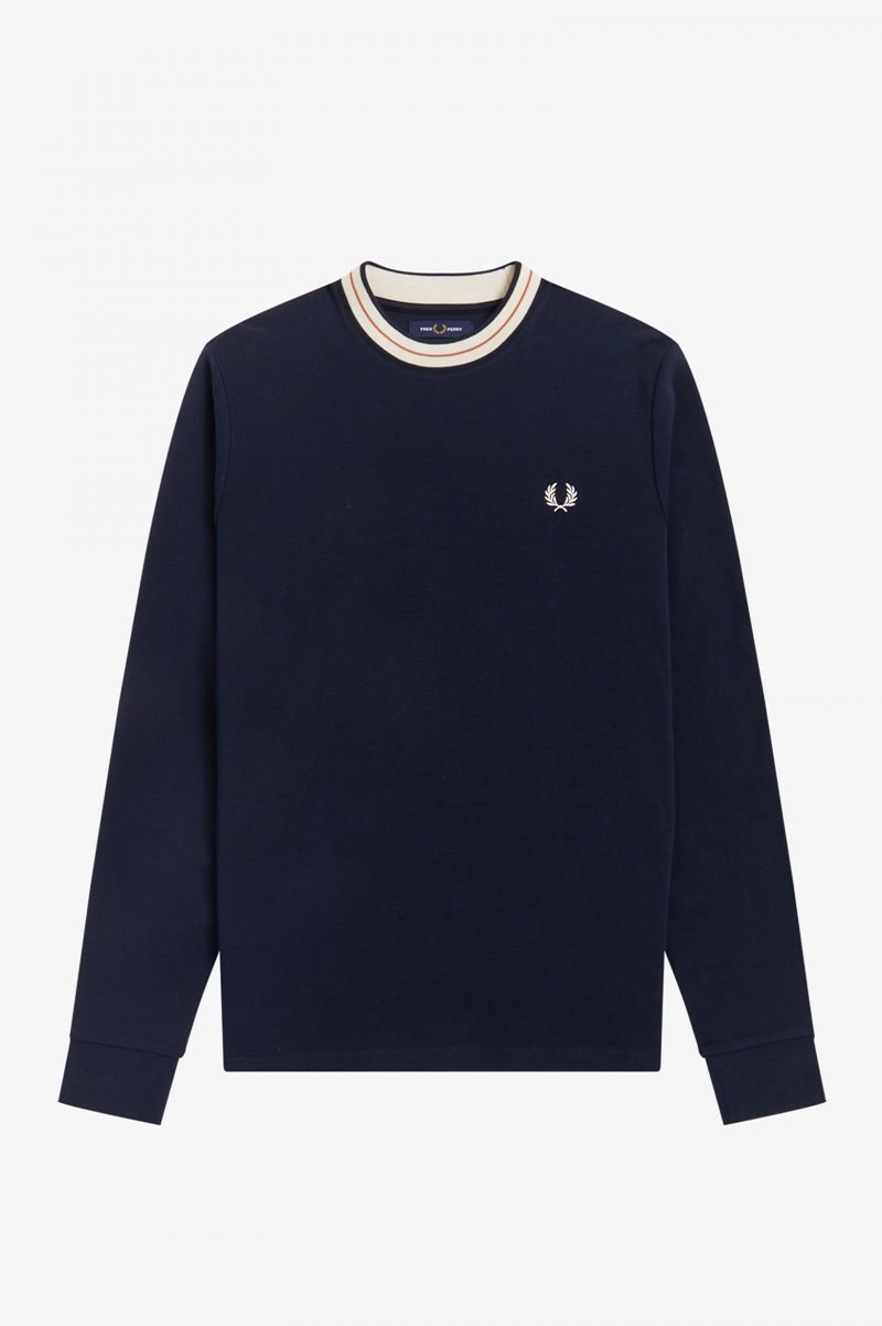 Men\'s Fred Perry Tramline Tipped Long Sleeve Top Sweatshirts Navy | 5378091-SP