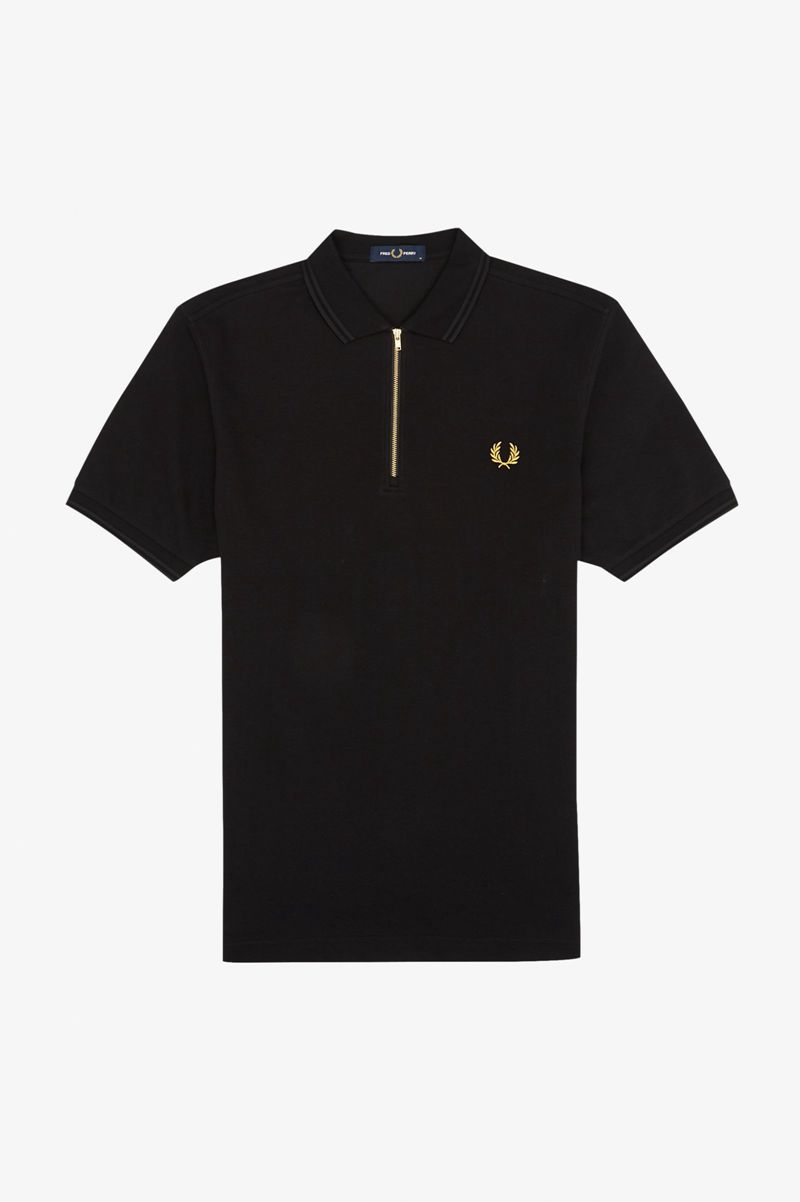 Men's Fred Perry Zip Neck Polo Shirts Black | 9740512-RP