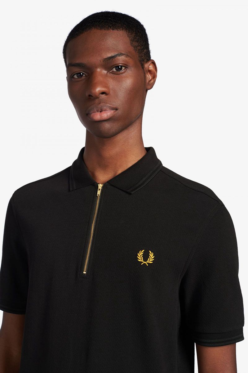 Men's Fred Perry Zip Neck Polo Shirts Black | 9740512-RP