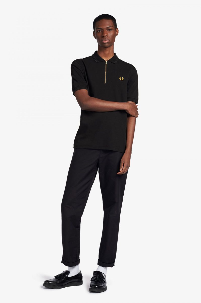 Men's Fred Perry Zip Neck Polo Shirts Black | 9740512-RP