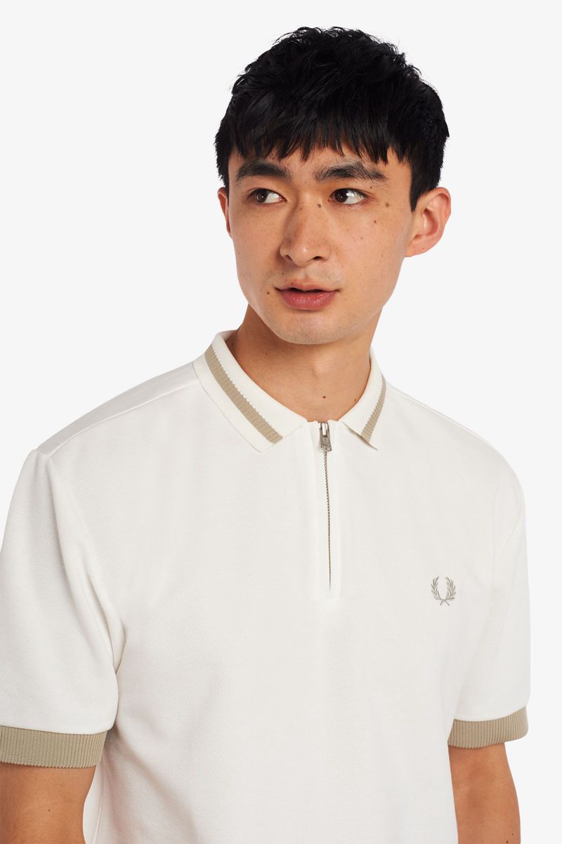 Men's Fred Perry Zip Neck Polo Shirts White | 2318495-NV