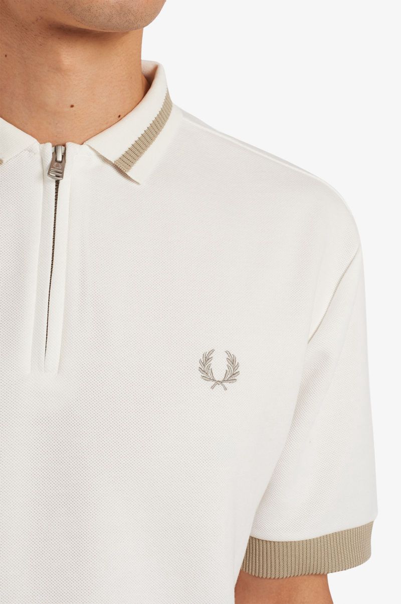 Men's Fred Perry Zip Neck Polo Shirts White | 2318495-NV