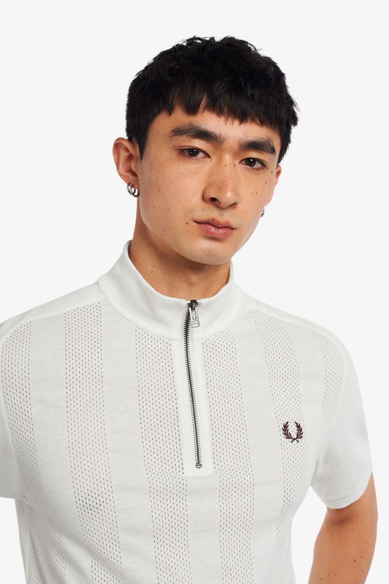 Men's Fred Perry Zip Neck Raglan Sleeve Polo Shirts White | 6827593-NW