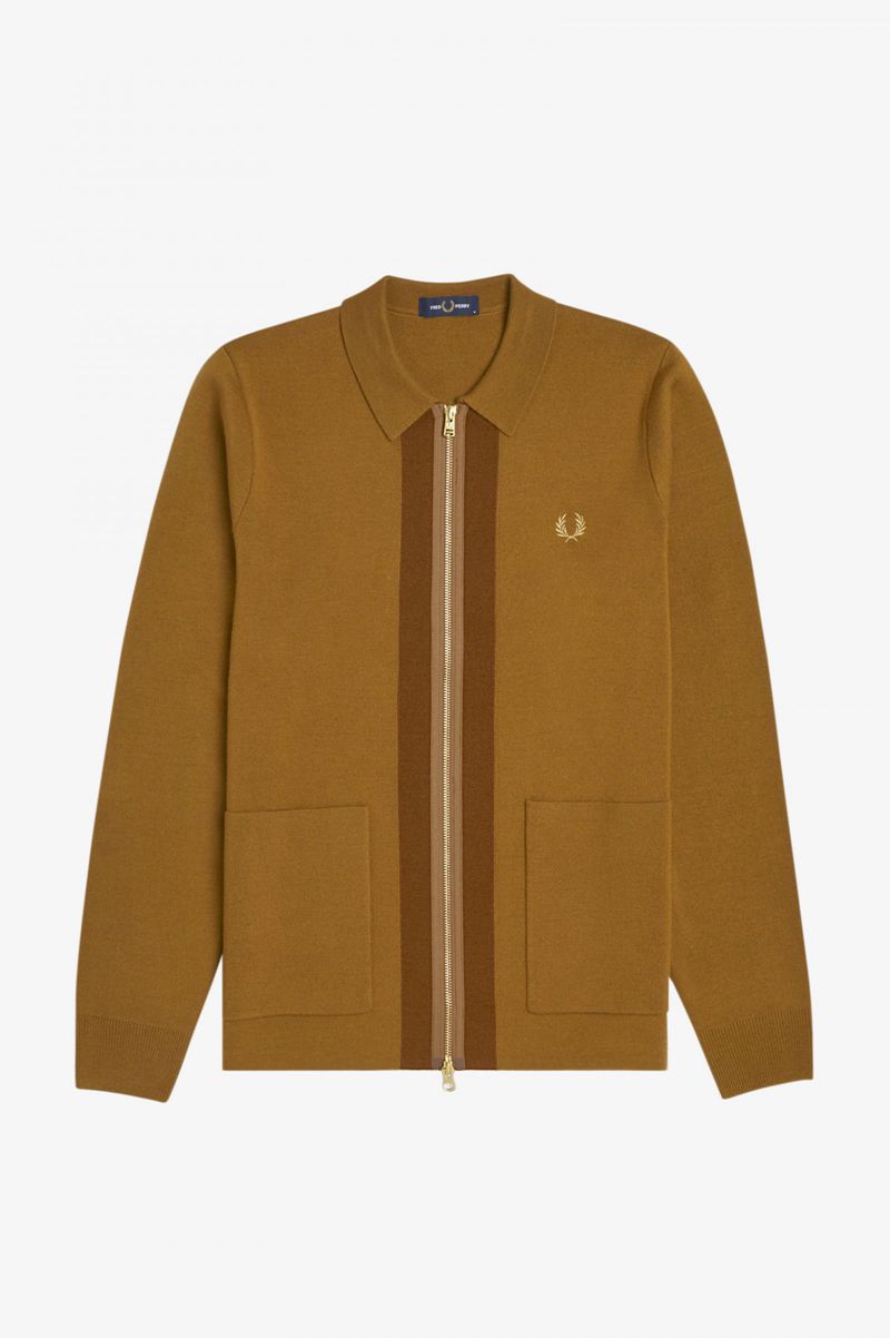 Men's Fred Perry Zip Through Cardigan Knitwear Camel | 1275063-MZ