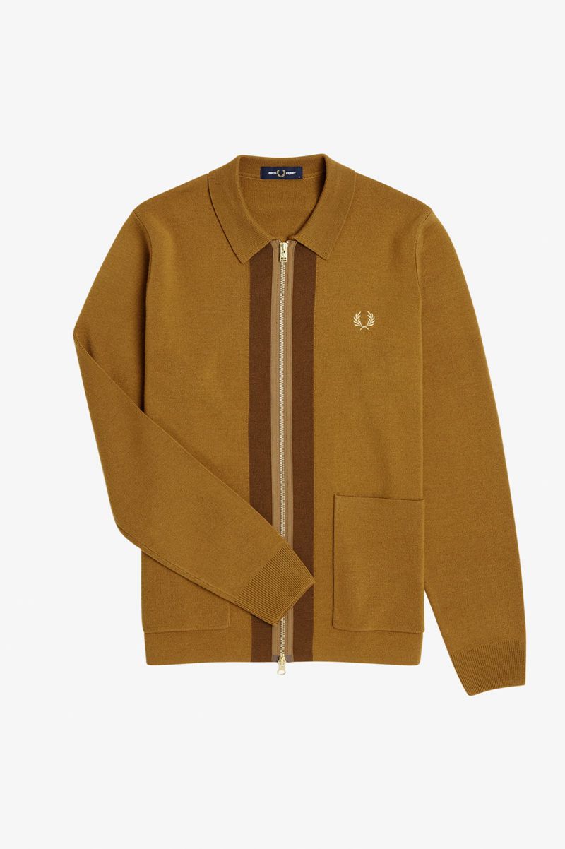 Men's Fred Perry Zip Through Cardigan Knitwear Camel | 1275063-MZ