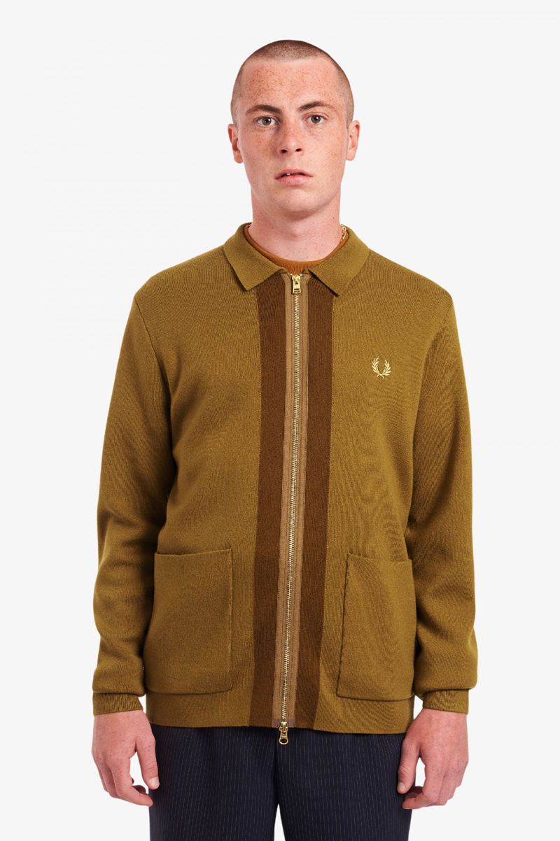 Men's Fred Perry Zip Through Cardigan Knitwear Camel | 1275063-MZ