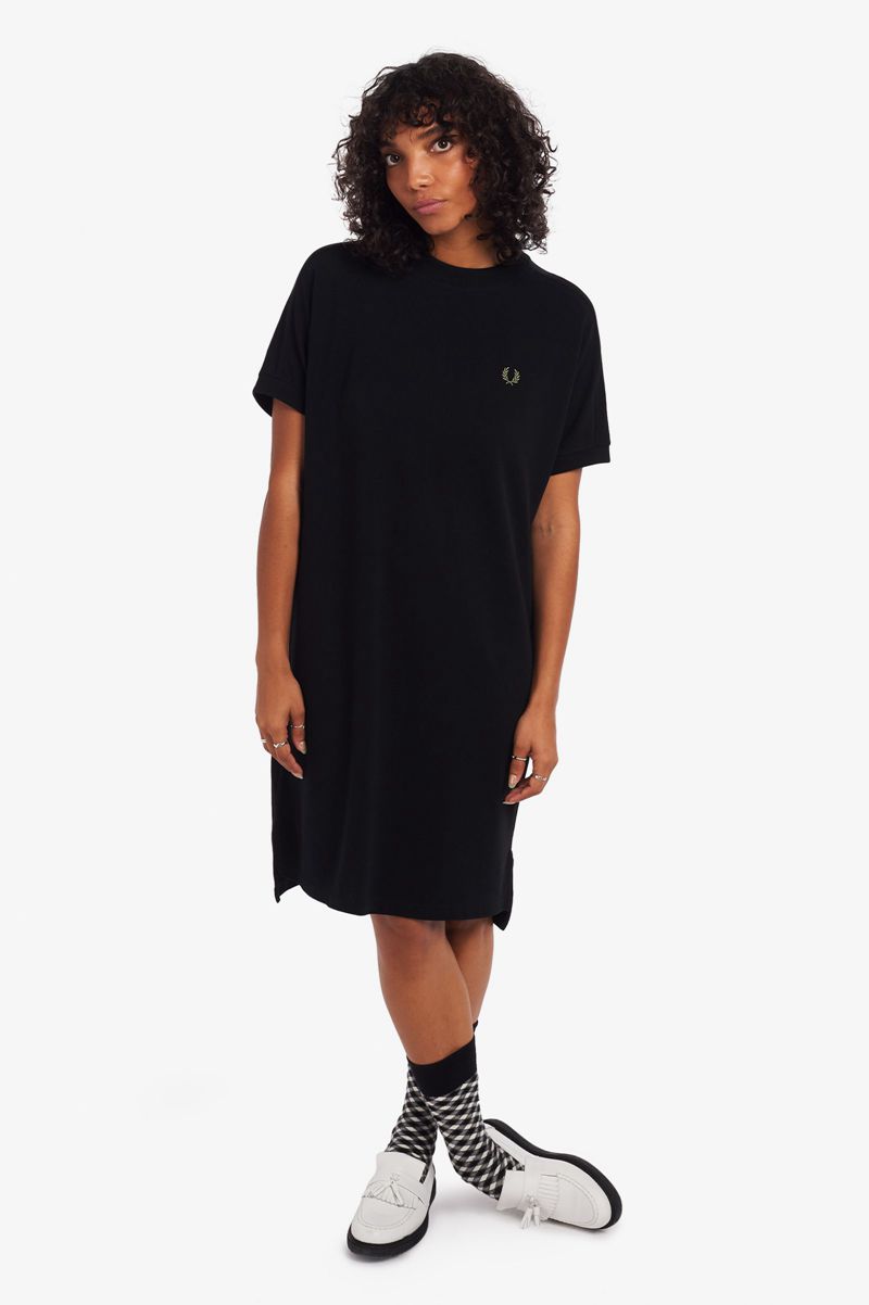 Women's Fred Perry Boxy Piqué T-Shirt Dresses Black | 4810653-LT